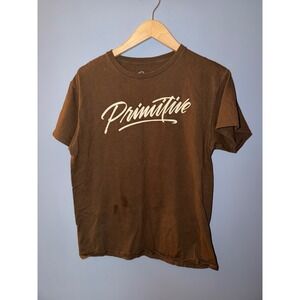 Primitive Skateboarding Mens Graphic T-Shirt Brown Script Logo Size Medium